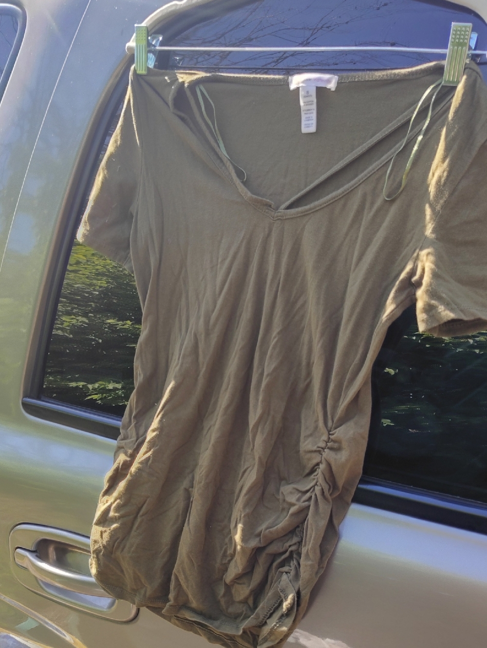 Women’s Olive Green V-Neck Ruched Short Sleeve Maternity Top